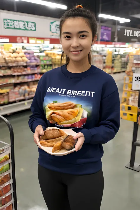 a perfect well-lit (closeup:1.15) (medium shot portrait:0.6) photograph of a beautiful woman standing on a supermarket que, big breast, wearing a skinfit sweatshirt and leggings, looking at me, coy slight smile