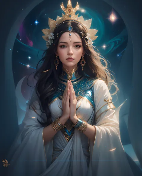 arafed woman in a white dress with a crown and a blue dress, Artgerm Julie Bell Beeple, goddess. Extremely high details, Portrait of the Goddess, close-up portrait of the goddess, looking into the center of the camera, Elf priestess, A stunning portrait of...