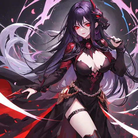 Woman, long dark purple hair, red eyes with a bright light, black long open dress, witch, silver jewelry in the shape of ribs, metal mask on half of the face, black lipstick