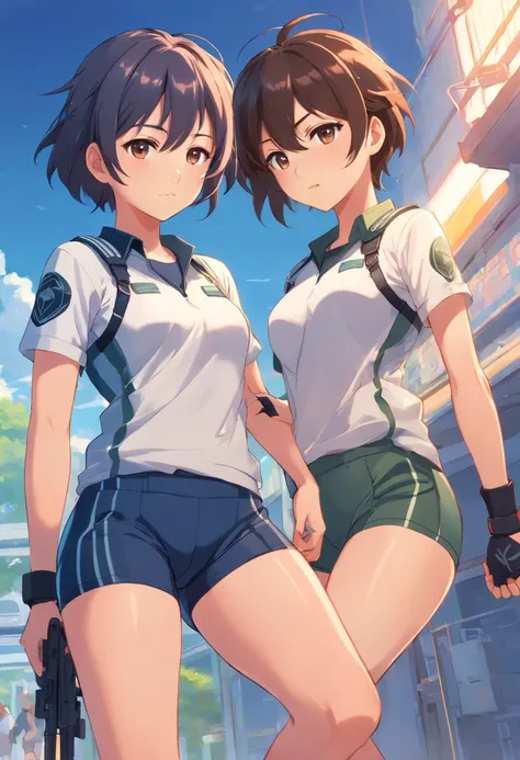 Two lightly armed beautiful girl soldiers wearing compression shorts. Anime style. Small breasts.