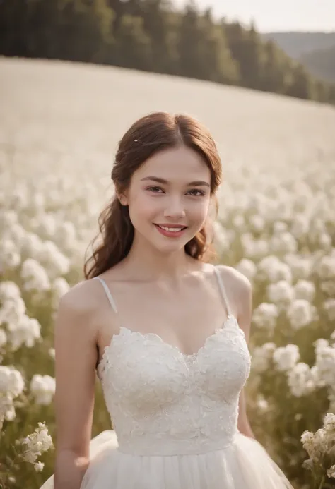 1girl in white wedding dress, Bare shoulders, blooming flower field, light smile, wollensak 127mm f/4.7 ektar