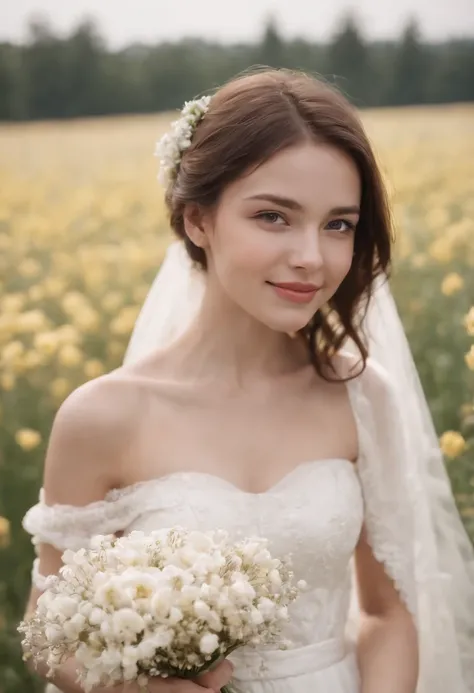 1girl in white wedding dress, Bare shoulders, blooming flower field, light smile, wollensak 127mm f/4.7 ektar