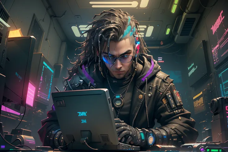 ((Best quality)), ((masterpiece)), (highly detailed:1.3), 3D, beautiful (cyberpunk:1.3) hacker man with thick voluminous hair operating a computer terminal type name AHaider