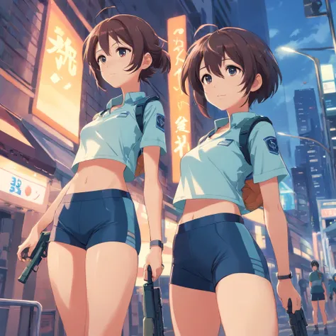 Two lightly armed beautiful girl soldiers wearing compression shorts. Anime style. Small breasts.