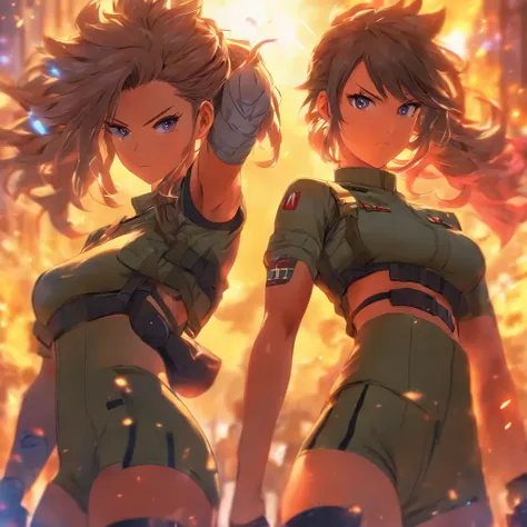 Two lightly armed beautiful girl soldiers wearing compression shorts. Anime style. Small breasts.