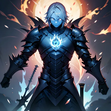 one adult male, undead, Steel armor, sword in arm, Hair Blue Flame, calm face, high quality image, Correct anatomy, afkarena, Grezhul