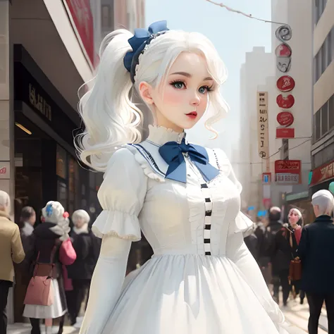 White color hair，Double ponytail curls，Blue eyes，White Lolita，Beth，Bustling city streets