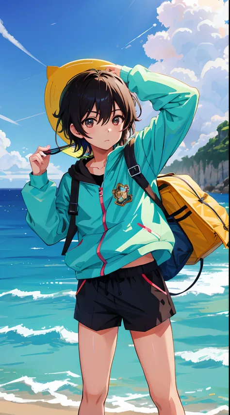 Homem de anime com bebida e mochila em dia ensolarado, Kawacy, dois homens bonitos do anime, Akehiko Inoue e Ross Tran, Arte no estilo de Guweiz, meninos bonitos, Guweiz, Arte Zerochan, zerochan, summer time, Estilo Pixiv, na empresa pixiv, com um canudo