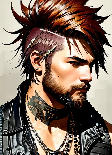 swpunk style,
a stunning intricate full color portrait of a grizzled man with a black faux hawk smiling,
wearing a black leather...