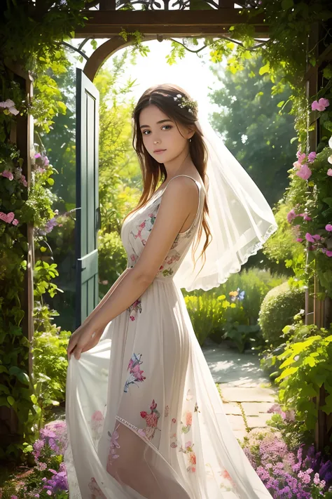 The Girl in the Garden,illustartion,Detailed flowers,Beautiful sunlight,Best Quality,Ultra-detailed,Realistic,PORTRAIT STYLE,bright colours,fine brushwork,dreamy atmosphere,soft shadows,Fresh herbs,peaceful atmosphere,A gentle breeze,The whisper of leaves,...