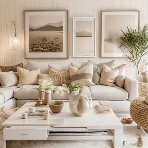 a white living room with a couch, coffee table and pictures on the wall, serene and peaceful style, natural muted tones, natural...