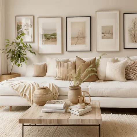 a white living room with a couch, coffee table and pictures on the wall, serene and peaceful style, natural muted tones, natural light in room, minimalistic and beautiful, cream and white color scheme, modern earthy neutral earthy, soft ambient lighting, b...