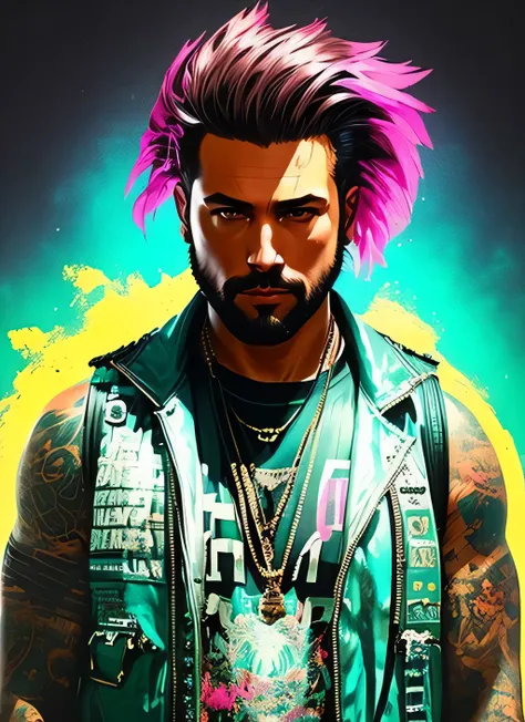 swpunk style,
a stunning intricate full color synthwave portrait of a yelling grizzled man with a faux hawk,
wearing a black lea...