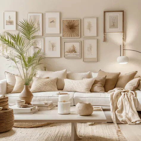 a white living room with a couch, coffee table and pictures on the wall, serene and peaceful style, natural muted tones, natural...