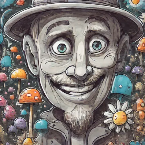 cartoon illustration of a man with a hat and mustache surrounded by mushrooms, epic portrait illustration, retrato de personagem...