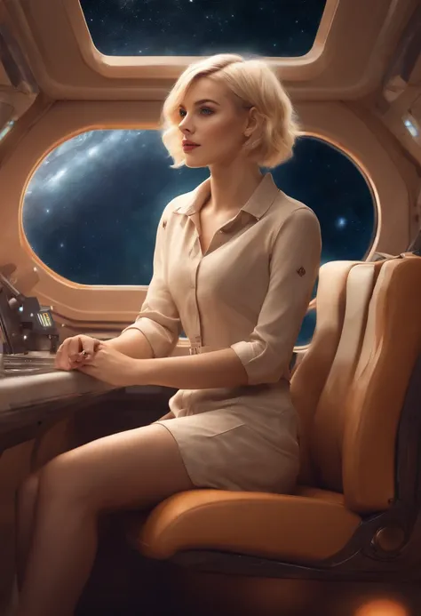 (a sexy young blonde girl with short hair, wearing light clothing, sitting on a seat in a spaceship, and the window may show beautiful stars and galaxies), (best quality, highres, sharp focus), sci-fi, portraits, vibrant colors, soft lighting