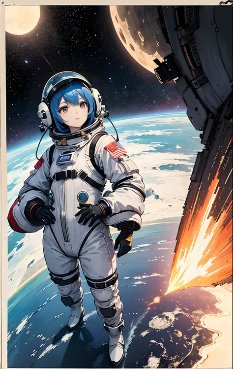 1girl, flat breast, cute little, beatiful detailed eyes, shinny hair, visible through hair, hair between eye, CCCPposter, USA Poster, Red monochrome, USA Poster,,  Long light blue hair with black eyes, girl with,tiny chest,space suits:Orange_clothing_body:...