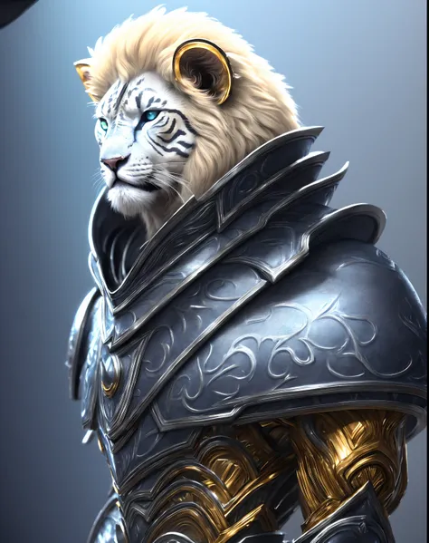 a white feline lion alien race matte portrait highly detailed::2, intimidating expressions, intricate design, gold and blue armo...