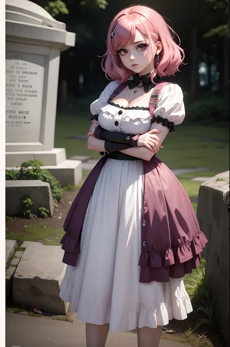 Hay una mujer pennywise frente a una foto de un cementerio, Estilo anime 2D, 8 0 s estilo de arte anime, anime style illustration, Personaje de estilo anime, Foto cementerio, Foto cementerio, advanced digital anime art ”, digital anime illustration, Arte d...