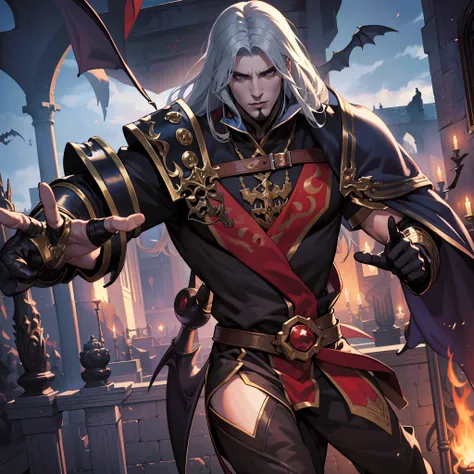 Castlevania Shadow Lord hyper realistic super detailed Dynamic shot centerpiece cutscene scenes movie Epic Legendary perspective shot of Lord Dracula handsome muscular man wearing Islamic armor Wear covers the whole body very sharp details leading troops a...