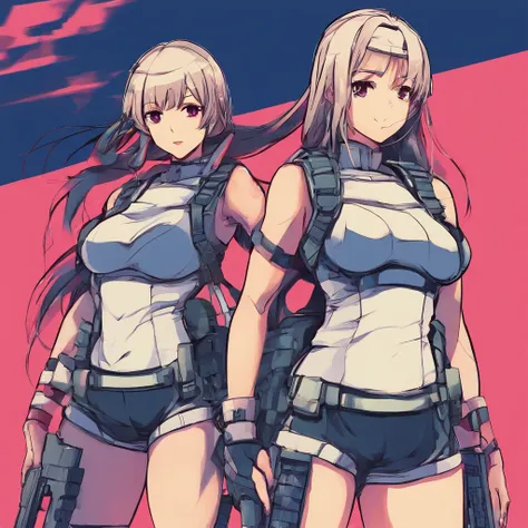 Two lightly armed beautiful girl soldiers wearing compression shorts. Anime style. Small breasts.