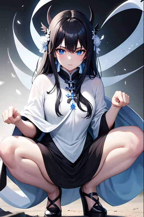 black hair,deep blue eyes,white cape,black clothes,ice sword,chinese style,eager pet pose