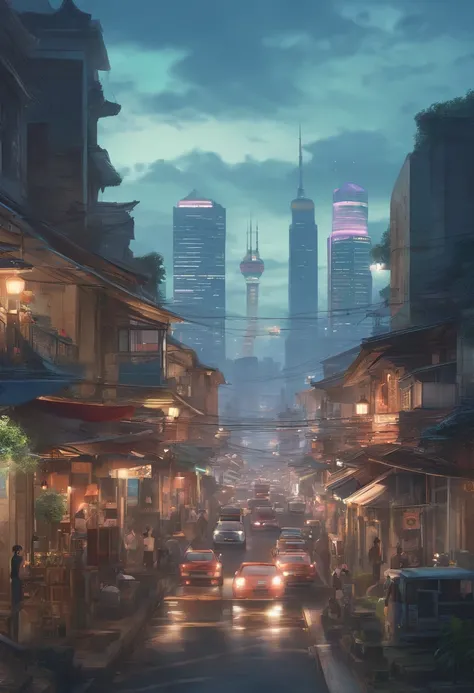 illustration of a street with a lot of buildings , anime style cityscape, jakarta anime scene, there is a Monas monument visible, anime style 4 k, inspired by Josan Gonzalez, anime art wallpaper 4k, anime background art, anime art wallpaper 4 k, inspired b...