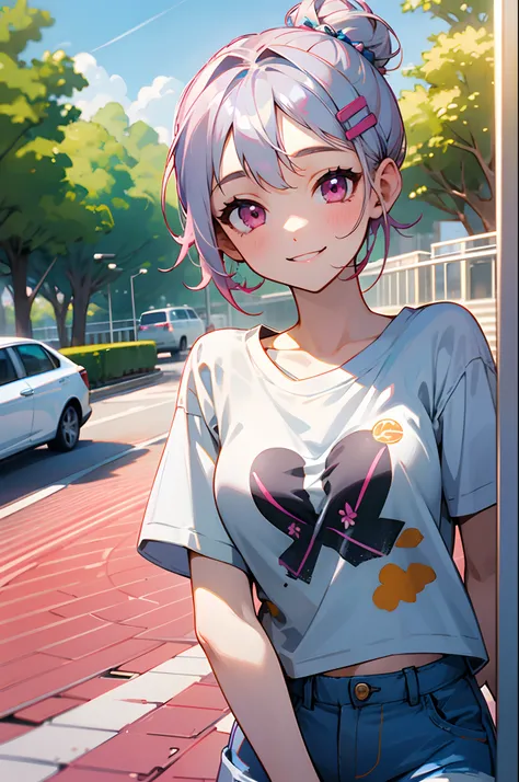 17 years old girl、silber hair、short-cut, Hair bun, hair clips、Pink eyes、small tits、white t-shirts、shortpants、blue-sky、Large park background、a smile