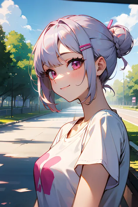 17 years old girl、silber hair、short-cut, Hair bun, hair clips、Pink eyes、small tits、white t-shirts、shortpants、blue-sky、Large park background、A slight smil