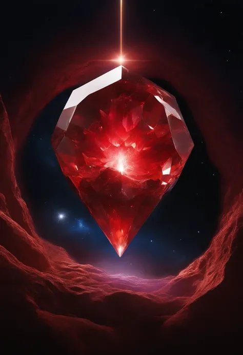 a red crystal talisman with organic roots sticking out of it and the image of a white dwarf being projected from within it floating from space