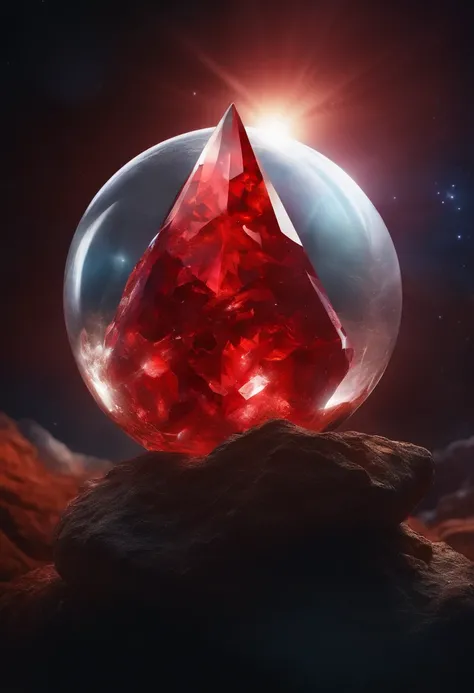 a red crystal talisman with organic roots sticking out of it and the image of a white dwarf being projected from within it floating from space