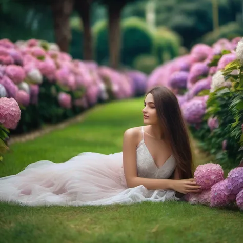 hydrangeas, parque, lago, pequenas colinas, caminho de seixos, 1 beautiful girl with long hair, master part, melhor qualidade, anatomicamente correto, Detalhes altos, 8k, O papel de parede