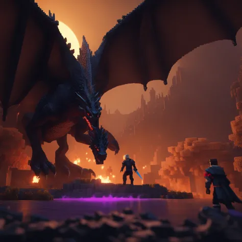 Minecraft characters fighting a pixel art black dragon. Morning. 3D pixel art 4K wallpaper. Incredible pixel art detail. Pixel art. Detailed Unreal Engine pixel art