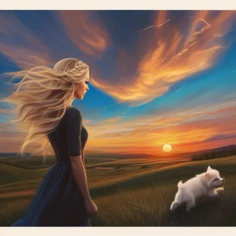 Beautiful landscape woman braided blonde hair wind swinging hair with sunset extinct puppy