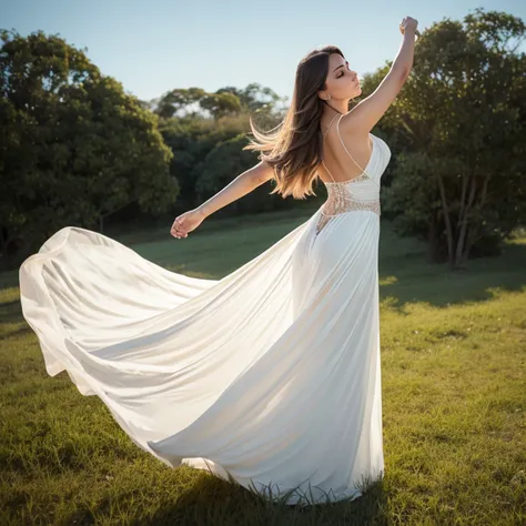 Arad woman in dress standing in the field，wearing a long, flowing dress, vestido flutuante, flowy robe, Marcos Adamus, pose elegante e deslumbrante, Beautiful flowing fabric, ethereal beauty, wearing flowing dress, flowing fabric, fotografia de moda fine a...