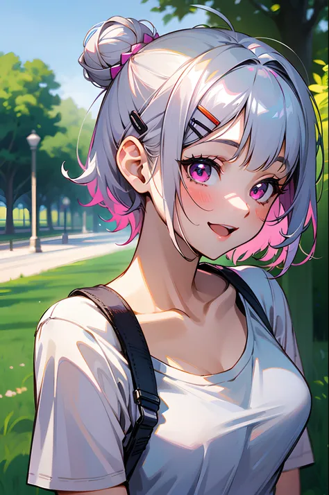 Stable Diffusion prompt:
A 17-year-old girl with silver hair and a short bob hairstyle, hair tied up in a bun with hair clips, pink eyes, small breasts, wearing a white t-shirt and shorts, meeting someone, under a clear blue sky of summer, in a large park ...