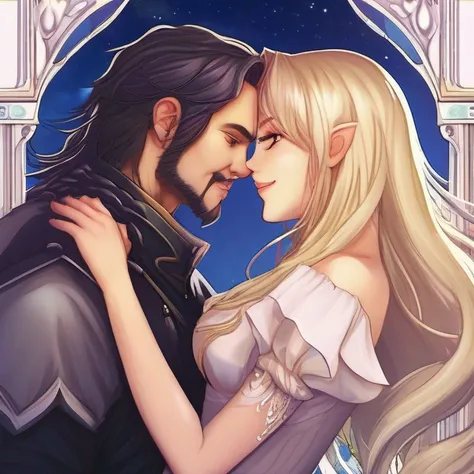 (absurdres, highres, ultra detailed), 2others, couple, 1man with 1woman, mature, Height difference, different hair color, happy, love, hug, upper body, long hair, black hair and blonde hair, fantasy, night