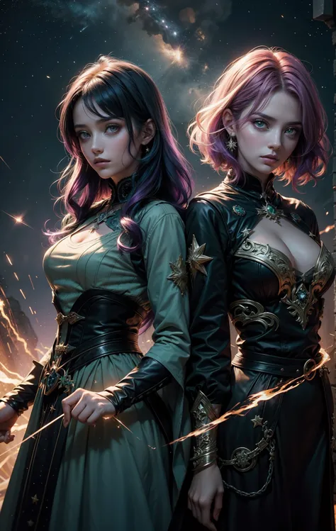 2 mulheres com a magia dourada, The background of the image is dark and starry and full of patches of light with sparks of fire, 2 mulheres de tons de cabelo diferente assim como os olhos, Green and lilac haired women