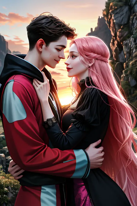 (absurdres, highres, ultra detailed), 2others, couple, 1man with 1woman, mature, Height difference, different hair color, happy, love, hug, upper body, long hair, black hair and pink hair, fantasy, sunset, looking at each other