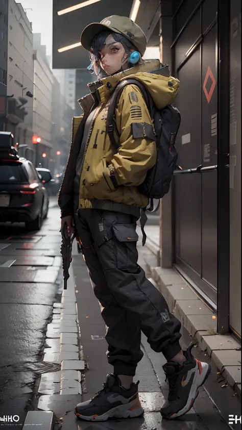 ((Best quality)), ((masterpiece)), 3D, cyberpunk guy with cap and tech wear, nijiloraeagle, khaki jacket, khaki cargo pants, HDR (high dynamic range), NVIDIA RTX, super resolution, unreal 5, Subsurface Dispersion, PBR Texturing, Post Processing, Anisotropi...