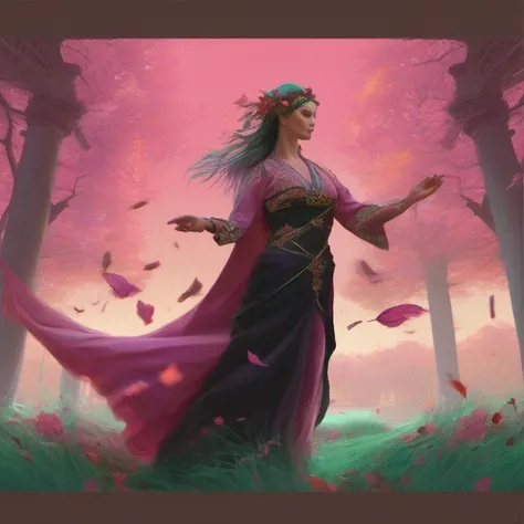 modelshoot style, (extremely detailed CG unity 8k wallpaper), full shot body photo of the most beautiful artwork in the world, english medieval pink (dragonborn druid) witch, black silk robe,  nature magic, medieval era, painting by Ed Blinkey, Atey Ghaila...