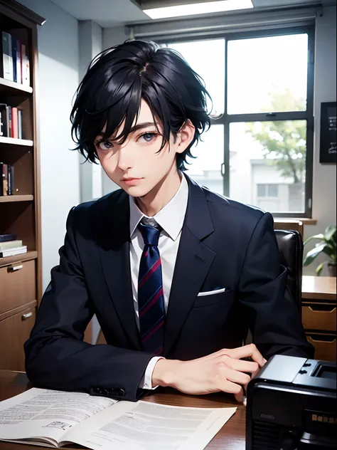 1boy,11 only、(Mans :2),(bobhair:1.5)、A dark-haired、Dark blue suit、Brightly colored ties、Cluttered office、beautiful  lighting、hightquality、masutepiece,8K,hight resolution、