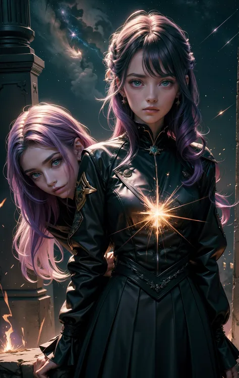 2 mulheres com a magia dourada, The background of the image is dark and starry and full of patches of light with sparks of fire, 2 mulheres de tons de cabelo diferente assim como os olhos, Green and lilac haired women