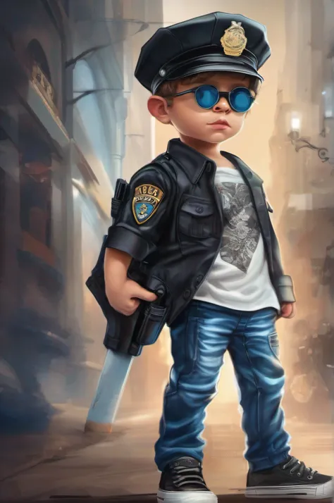 um menino de 12 anos, cop pants, camiseta e jaqueta de policial, sem arma, sapatenis preto com branco, realista, corpo inteiro, oculos e bone azul