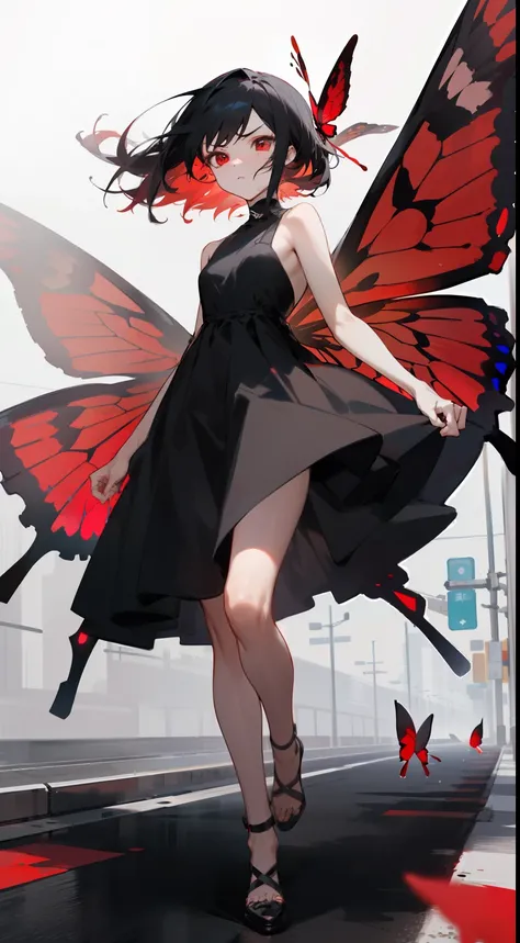 1girl,mature,black dress,medium red butterfly wings, solo, serious,red eyes,black hair,walking in road,close-up