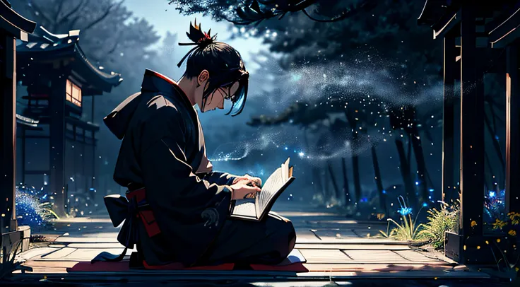 1Male samurai, reading a book, contemplating, late at night,ghost,weeds emitting blue light,equinox flower,firefly,a dim atmosphere,(and its rich details:1.3),strong contrast,hard shadow,smoke,strong breeze,petal,particle,mourning for a dead,kneeling down,...