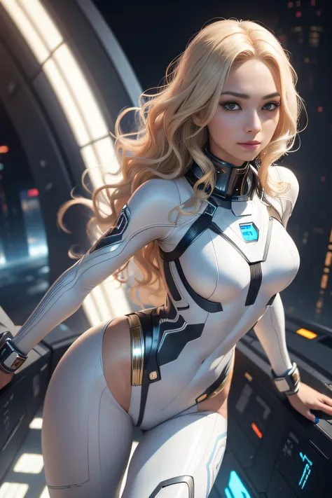 a very skinny girl, latin face, blonde, very happy, futuristic city, space age, white skin, wavy hair, full body, very detailed body, very detailed face, shiny skin, detailed_blonde_eyebrows, beautiful_eyes, realistic skin, ultra-realistic, sharp and highl...