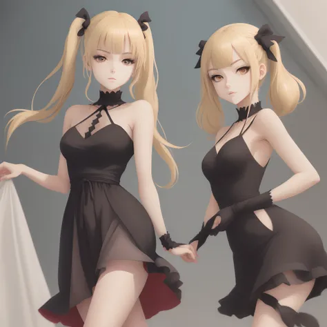 photo of beautiful woman, 2D anime style drawing, long blonde hair with two pigtails, long bangs, wearing beautiful black dress