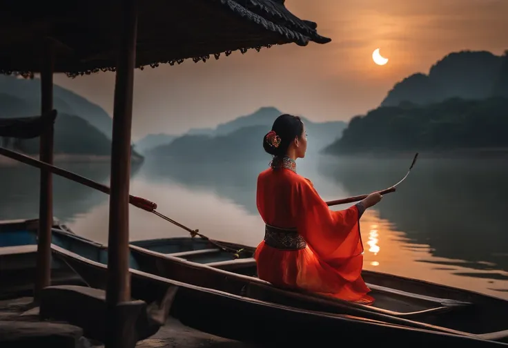 One day, while Li Wei was fishing on his boat, he saw Mei Ling, whose beauty rivaled the moon reflected in the waters of the river.