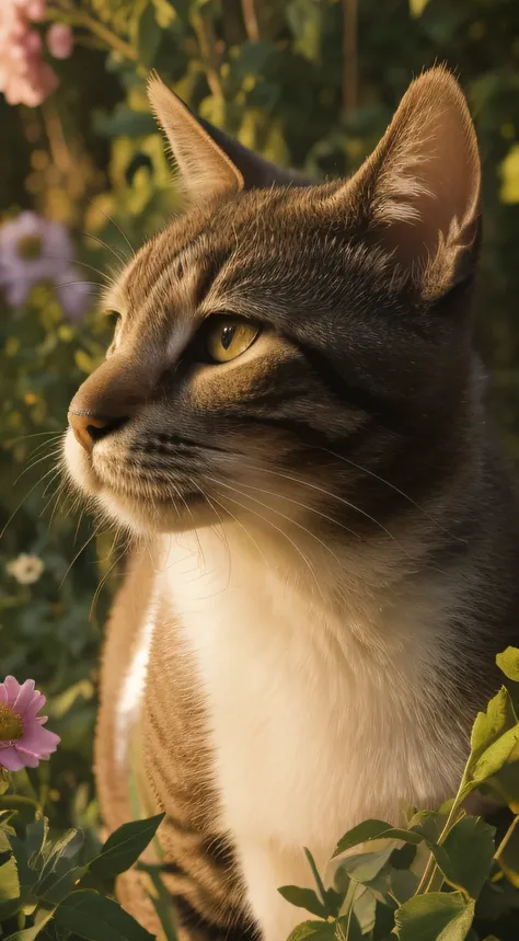 close-up, cat (in a very flowery field with diverse and beautiful colors_, photorealistic, hdr